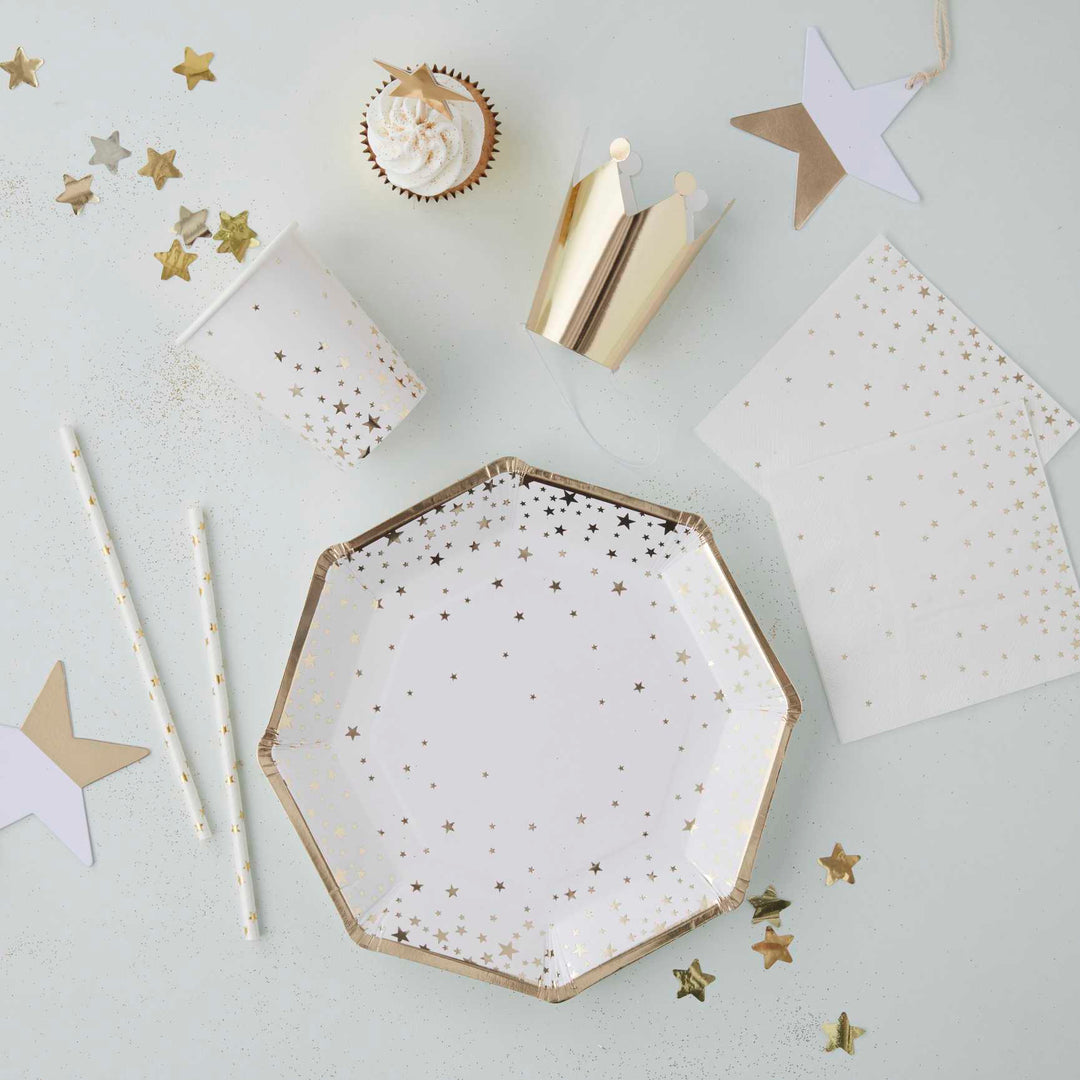 Ginger Ray - Gold Foiled Star Paper Plates x 8 party plates Gold Foiled Star Paper Plates x 8