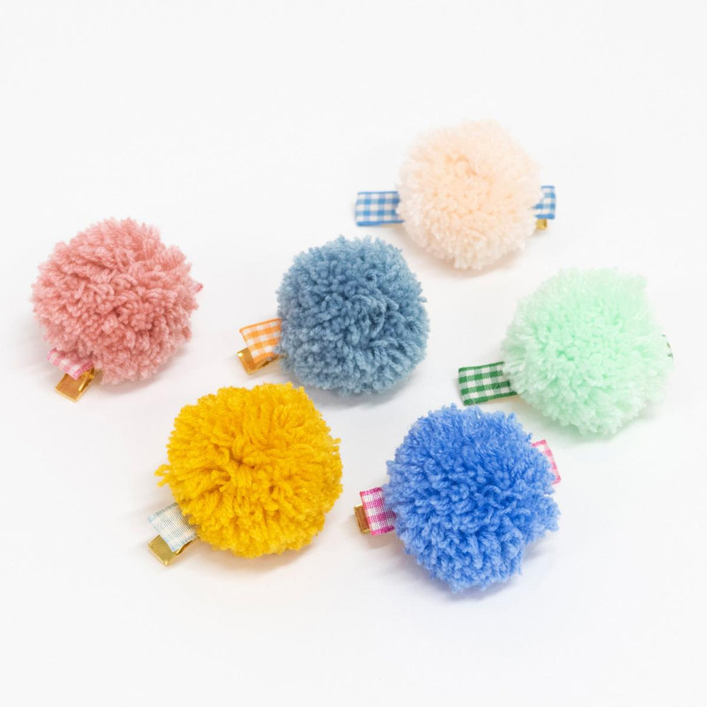 Gingham & Big Pompom Hair Clips x 6 | Meri Meri Hair Clips Gingham & Big Pompom Hair Clips x 6