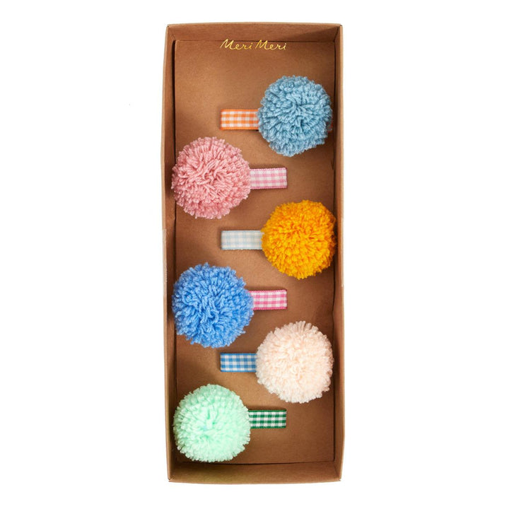 Gingham &amp; Big Pompom Hair Clips x 6 | Meri Meri Hair Clips Gingham &amp; Big Pompom Hair Clips x 6