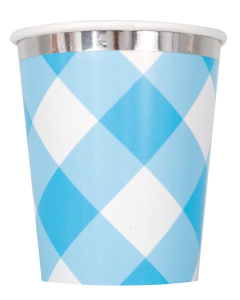 Gingham Party Cups with Gold Scallop (pack of 8) My Mind's Eye Party Supplies Paper Cup Blue Gingham Paper Party Cups (pack of 8)