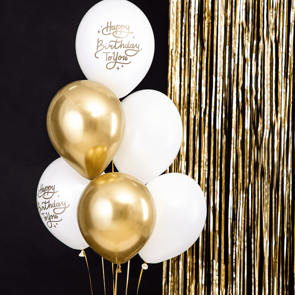 Gold and White Happy Birthday Latex Balloons x 6 Balloons Gold and White Happy Birthday Latex Balloons x 6