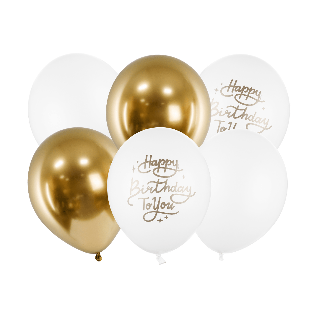 Gold and White Happy Birthday Latex Balloons x 6 Balloons Gold and White Happy Birthday Latex Balloons x 6
