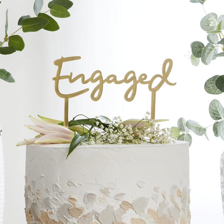 Gold Engaged Acrylic Cake Topper | Engagement Cake Topper Gold Engaged Acrylic Cake Topper