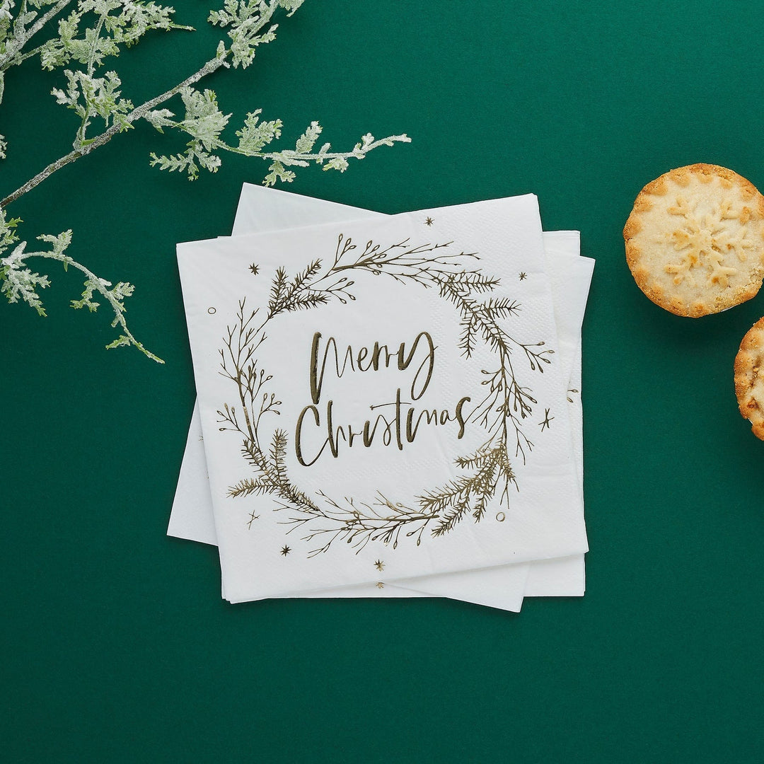 Paper Napkins Gold Foiled Merry Christmas Wreath Napkins x 16