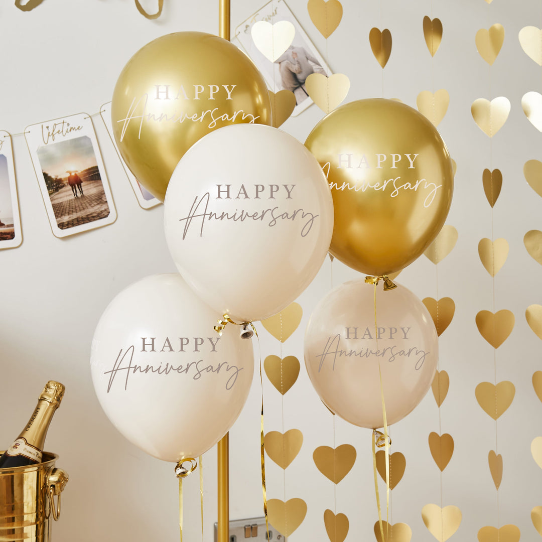 Gold Happy Anniversary Balloons x 5 | Anniversary Party Supplies UK Balloons Gold Happy Anniversary Balloons x 5