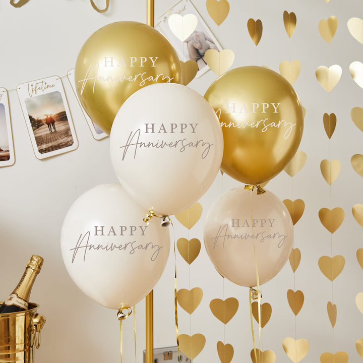Gold Happy Anniversary Balloons x 5 | Anniversary Party Supplies UK Balloons Gold Happy Anniversary Balloons x 5
