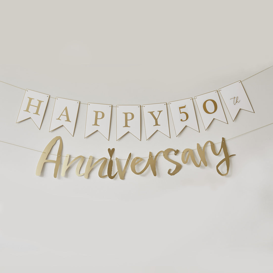 Gold Happy Anniversary Customisable Banner | Anniversary Party Supplies UK Banners Gold Happy Anniversary Customisable Banner