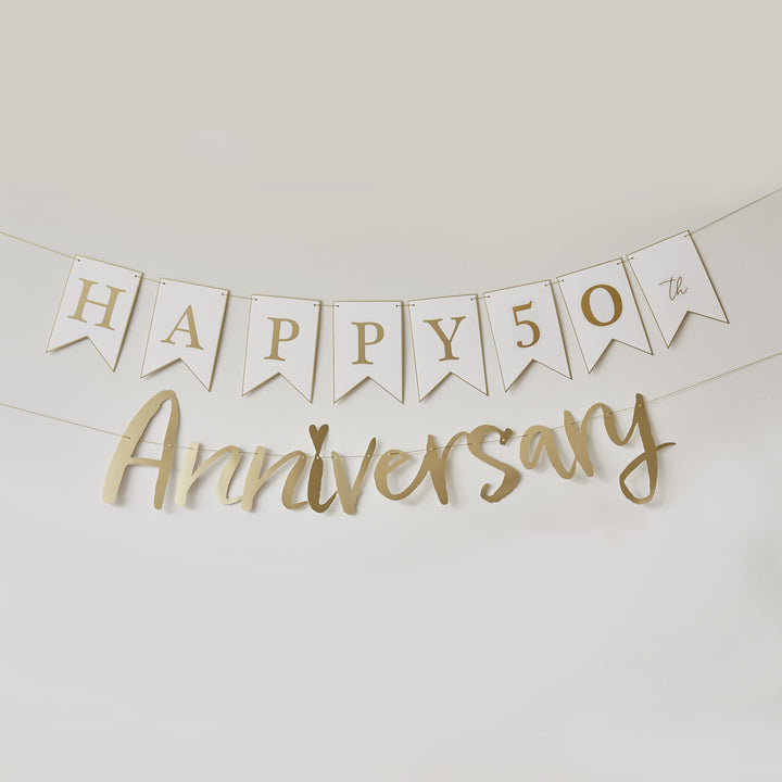 Gold Happy Anniversary Customisable Banner | Anniversary Party Supplies UK Banners Gold Happy Anniversary Customisable Banner