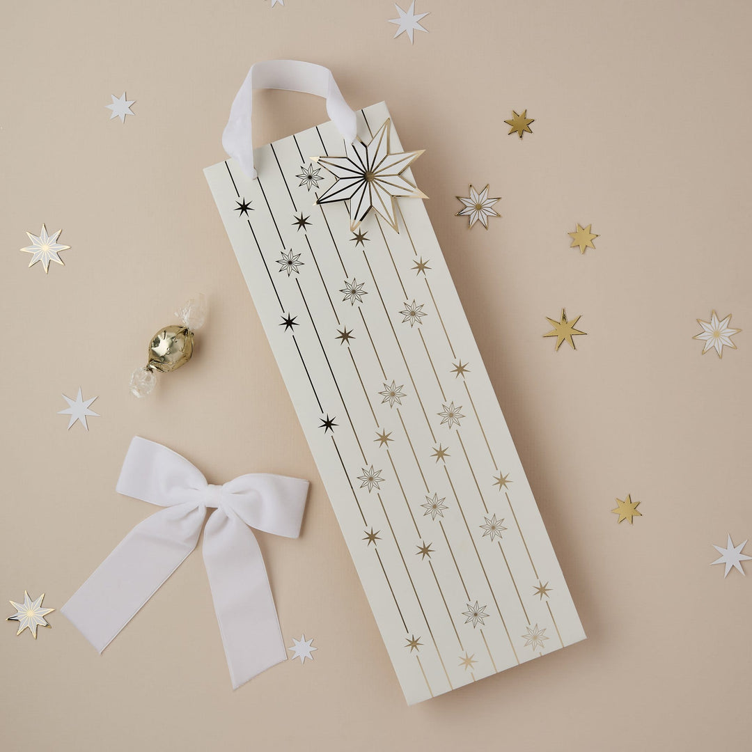 Gold Star Bottle Gift Bag | Hootyballoo White &amp; Gold Christmas Bottle Bag Gift Bags Gold Star Bottle Gift Bag