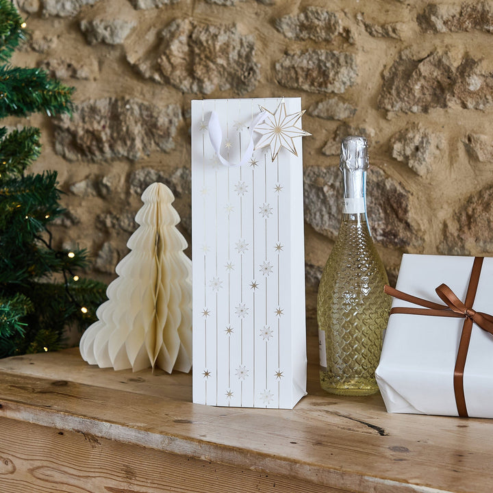 Gold Star Bottle Gift Bag | Hootyballoo White &amp; Gold Christmas Bottle Bag Gift Bags Gold Star Bottle Gift Bag
