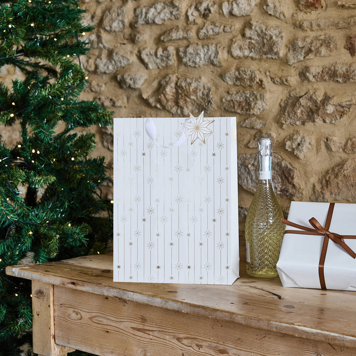 Gold Star Medium Gift Bag | Hootyballoo White &amp; Gold Christmas Gift Bags Gift Bags Gold Star Medium Gift Bag