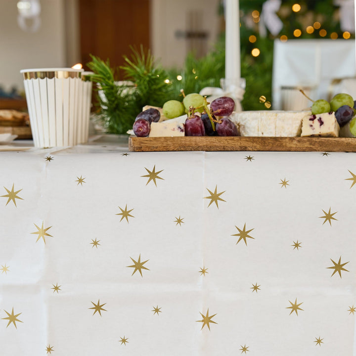 Gold Star Paper Tablecloth | Hootyballoo White &amp; Gold Christmas Tableware Tablecloths Gold Star Paper Tablecloth