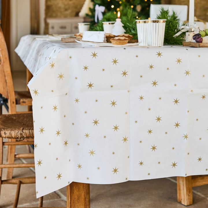 Gold Star Paper Tablecloth | Hootyballoo White &amp; Gold Christmas Tableware Tablecloths Gold Star Paper Tablecloth
