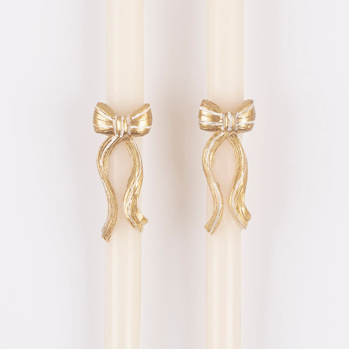 Gold Stripy Bow Christmas Table Candles x 2 | Meri Meri Christmas Candles Candle Gold Stripy Bow Christmas Table Candles x 2