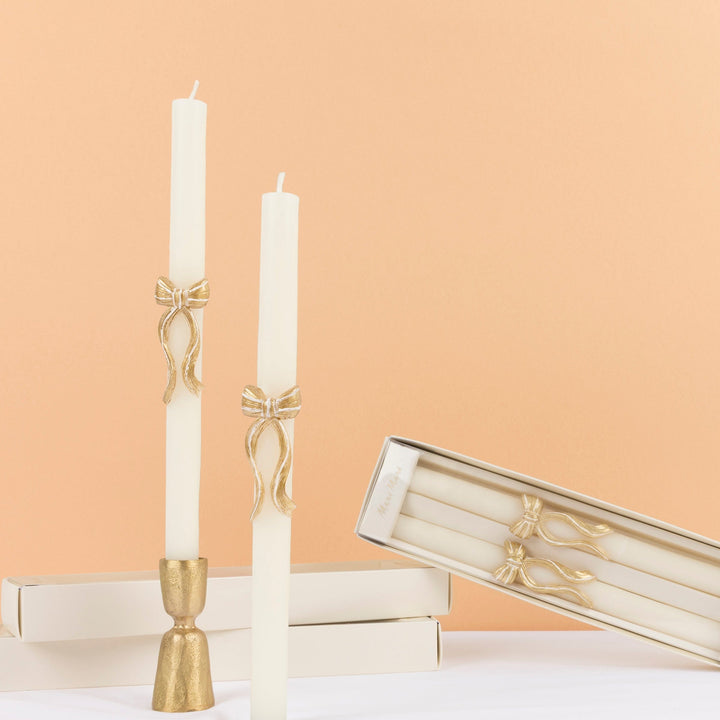 Gold Stripy Bow Christmas Table Candles x 2 | Meri Meri Christmas Candles Candle Gold Stripy Bow Christmas Table Candles x 2