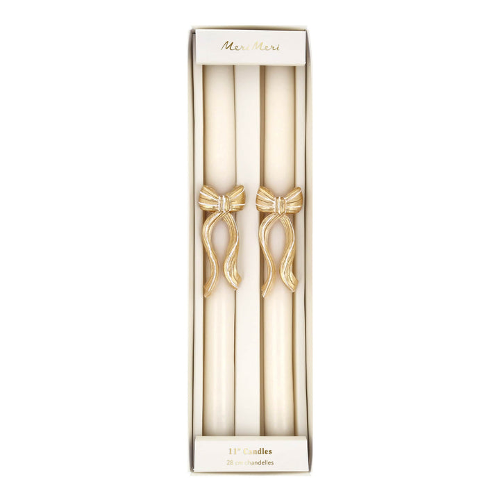 Gold Stripy Bow Christmas Table Candles x 2 | Meri Meri Christmas Candles Candle Gold Stripy Bow Christmas Table Candles x 2
