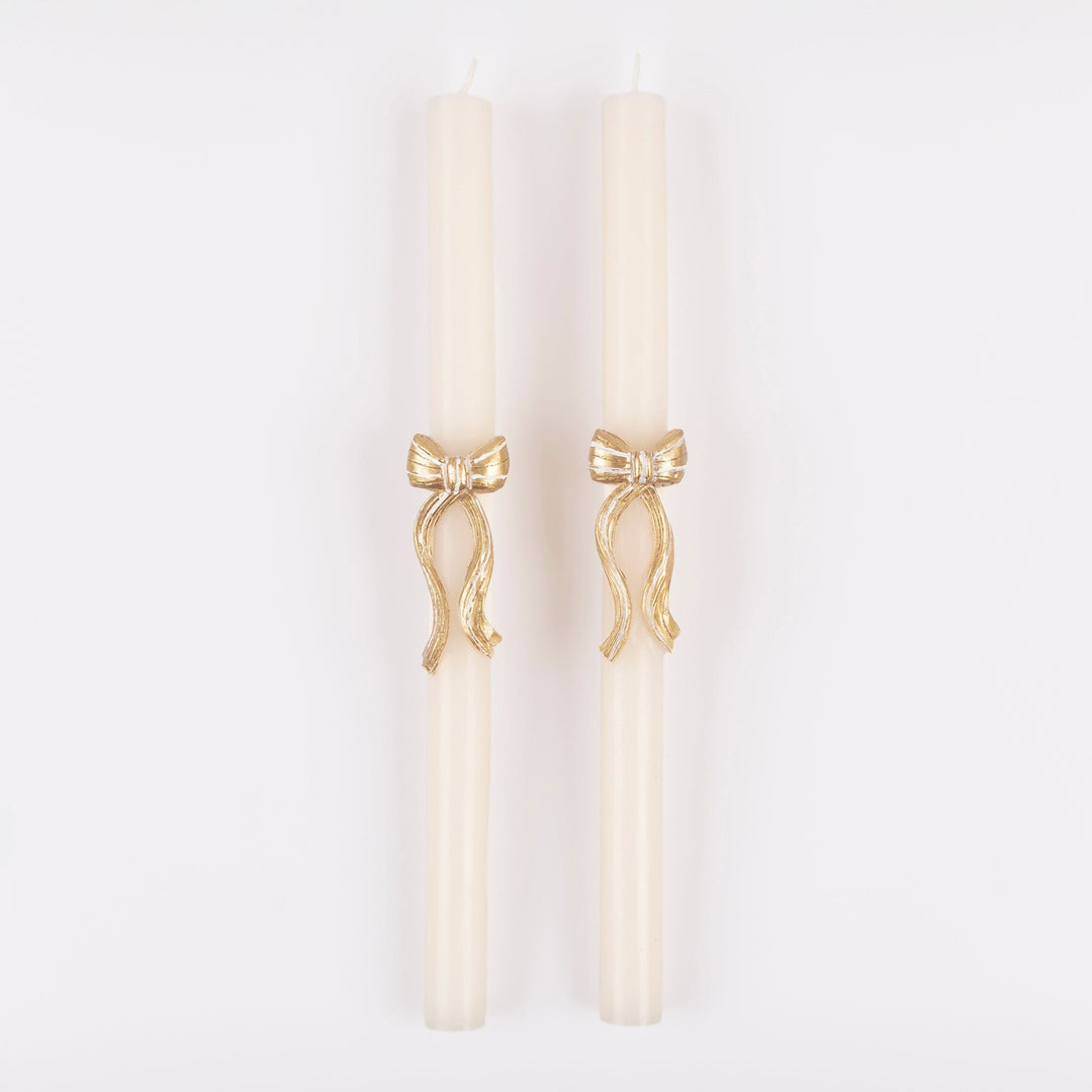 Gold Stripy Bow Christmas Table Candles x 2 | Meri Meri Christmas Candles Candle Gold Stripy Bow Christmas Table Candles x 2
