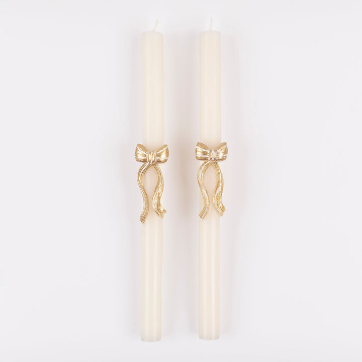 Gold Stripy Bow Christmas Table Candles x 2 | Meri Meri Christmas Candles Candle Gold Stripy Bow Christmas Table Candles x 2