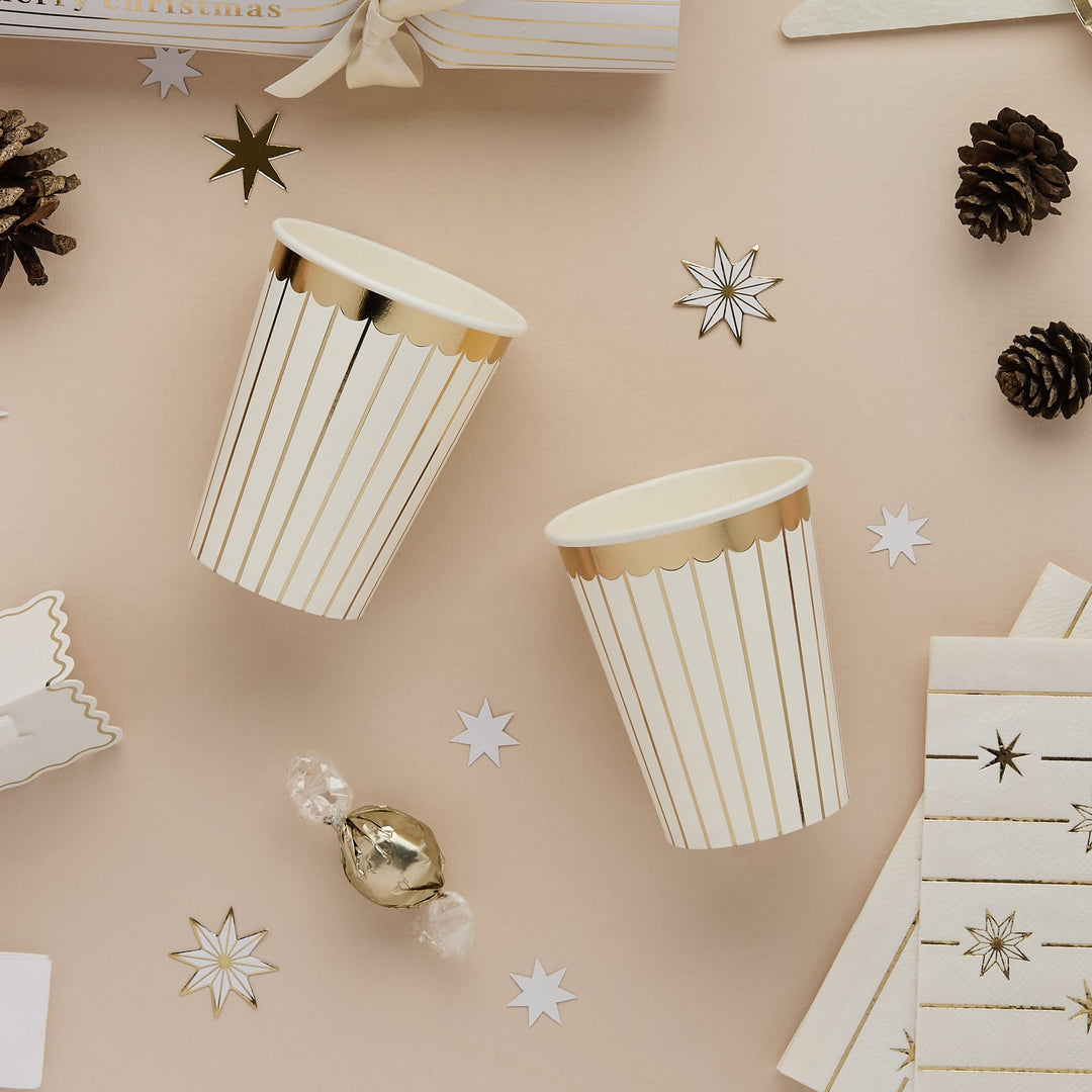 Gold &amp; White Striped Paper Party Cups x 8 | Hootyballoo Christmas Disposable Cups Gold &amp; White Striped Paper Party Cups x 8