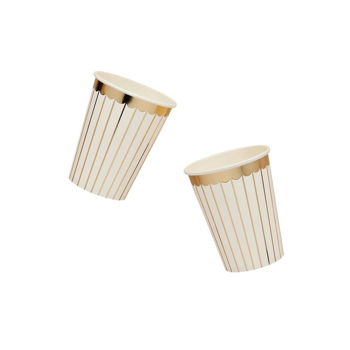 Gold &amp; White Striped Paper Party Cups x 8 | Hootyballoo Christmas Disposable Cups Gold &amp; White Striped Paper Party Cups x 8