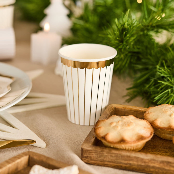 Gold &amp; White Striped Paper Party Cups x 8 | Hootyballoo Christmas Disposable Cups Gold &amp; White Striped Paper Party Cups x 8