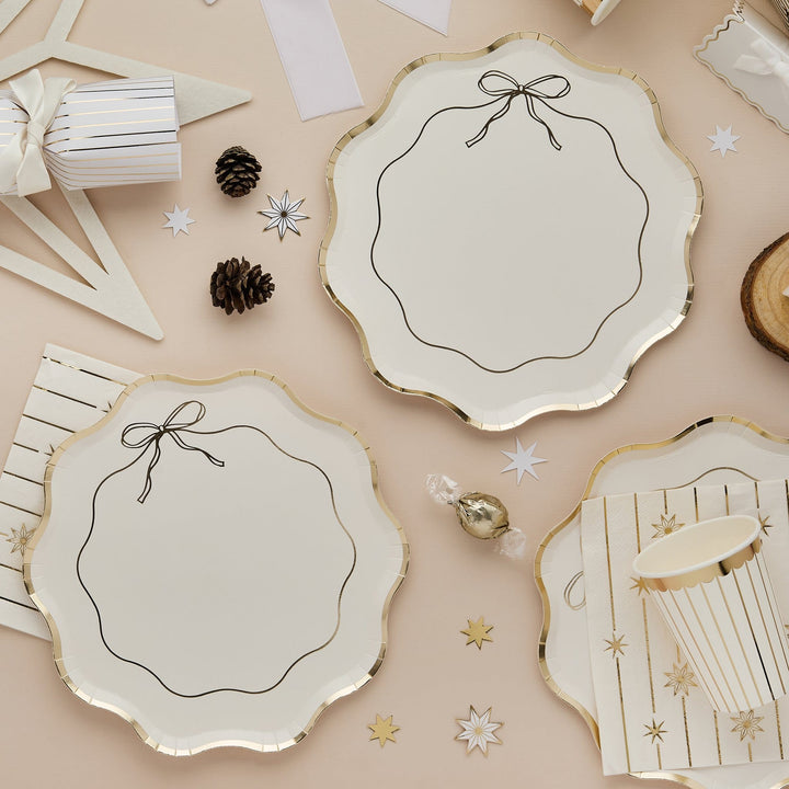 Gold &amp; White Wavy Edge Bow Paper Party Plates x 8 | Hootyballoo Disposable Plates Gold &amp; White Wavy Edge Bow Paper Party Plates x 8