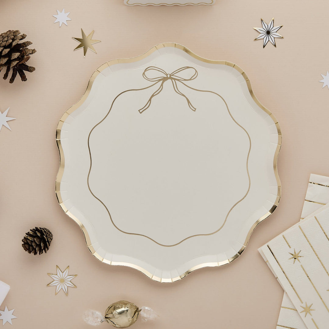Gold &amp; White Wavy Edge Bow Paper Party Plates x 8 | Hootyballoo Disposable Plates Gold &amp; White Wavy Edge Bow Paper Party Plates x 8