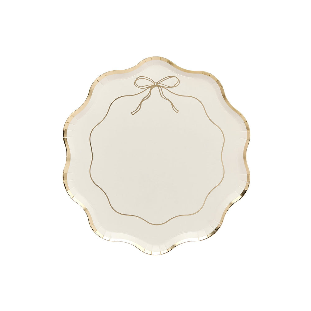 Gold & White Wavy Edge Bow Paper Party Plates x 8 | Hootyballoo Disposable Plates Gold & White Wavy Edge Bow Paper Party Plates x 8