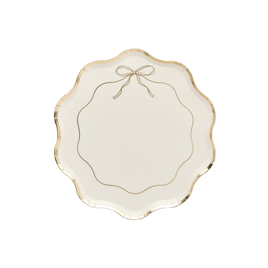 Gold &amp; White Wavy Edge Bow Paper Party Plates x 8 | Hootyballoo Disposable Plates Gold &amp; White Wavy Edge Bow Paper Party Plates x 8