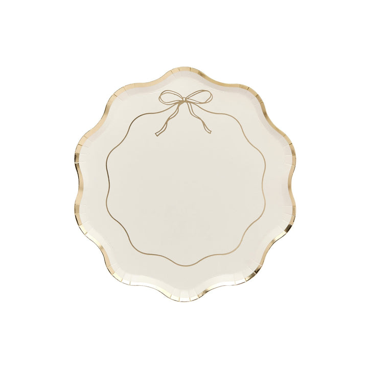 Gold &amp; White Wavy Edge Bow Paper Party Plates x 8 | Hootyballoo Disposable Plates Gold &amp; White Wavy Edge Bow Paper Party Plates x 8