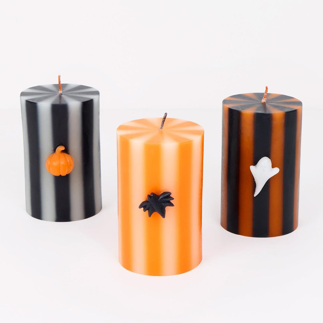 Halloween Striped Pillar Candles x 3 | Meri Meri Candle Halloween Striped Pillar Candles x 3