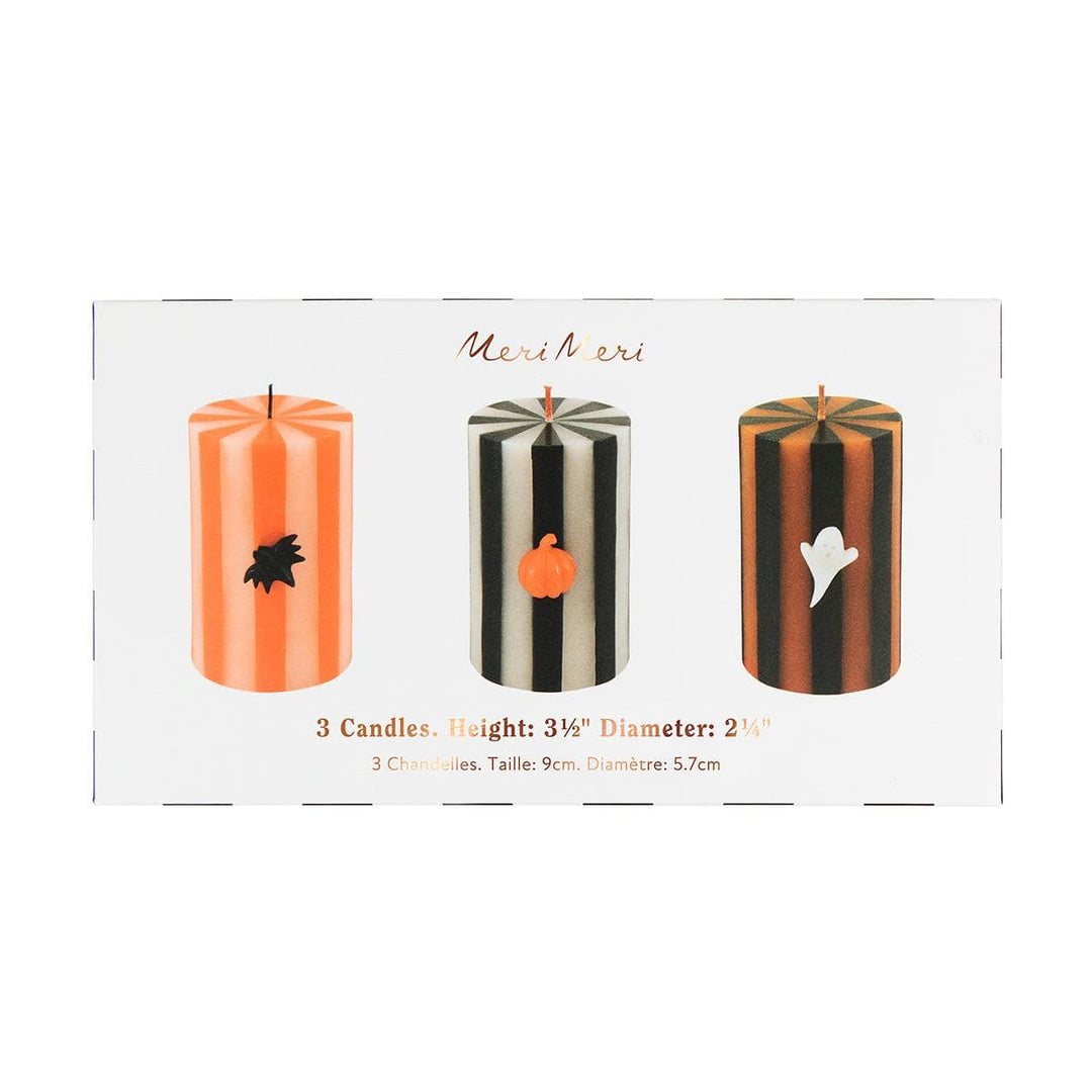 Halloween Striped Pillar Candles x 3 | Meri Meri Candle Halloween Striped Pillar Candles x 3