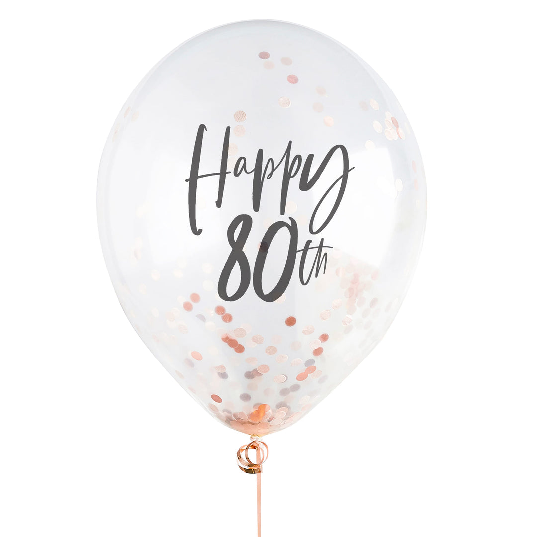 Happy 80th Rose Gold Confetti Balloons x 5 - 80th Party Decor Balloons Happy 80th Rose Gold Confetti Balloons x 5