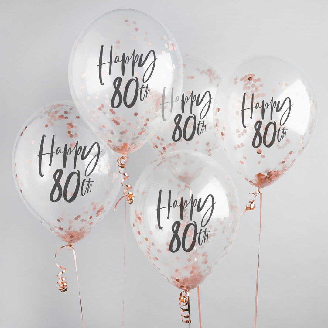 Happy 80th Rose Gold Confetti Balloons x 5 - 80th Party Decor Balloons Happy 80th Rose Gold Confetti Balloons x 5