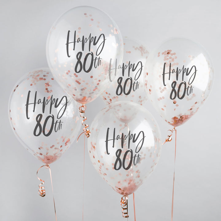 Happy 80th Rose Gold Confetti Balloons x 5 - 80th Party Decor Balloons Happy 80th Rose Gold Confetti Balloons x 5