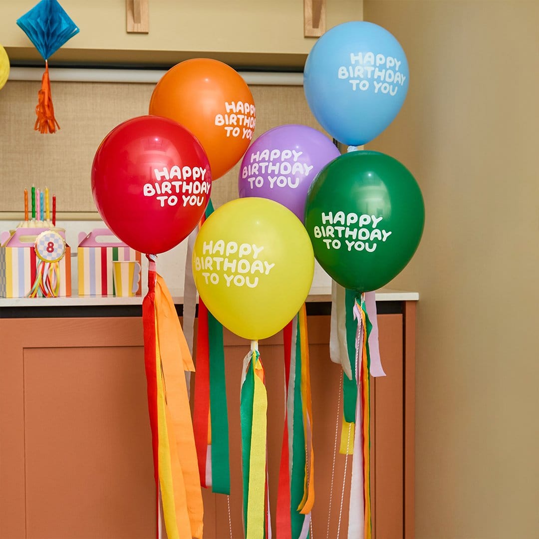 Happy Birthday Balloons with Tassels - Colourful Party Balloons Balloons Colourful Happy Birthday Balloons with Tassels x 6