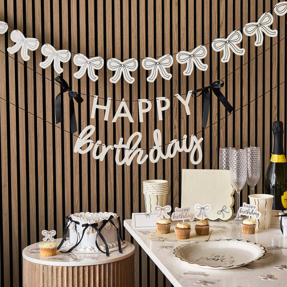 Happy Birthday Banner With Black Satin Bows Bunting Happy Birthday Banner With Black Satin Bows