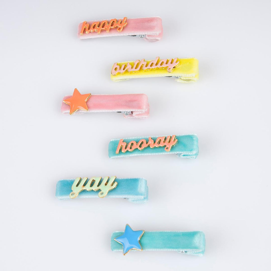 Happy Birthday Enamel Hair Clips x 6 | Meri Meri Birthday Party Party Accessories Happy Birthday Enamel Hair Clips x 6