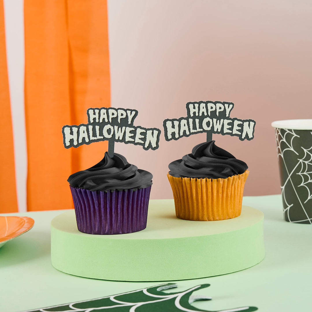 Happy Halloween Glow In the Dark Food Picks x 12 Cupcake Toppers Happy Halloween Glow In the Dark Food Picks x 12