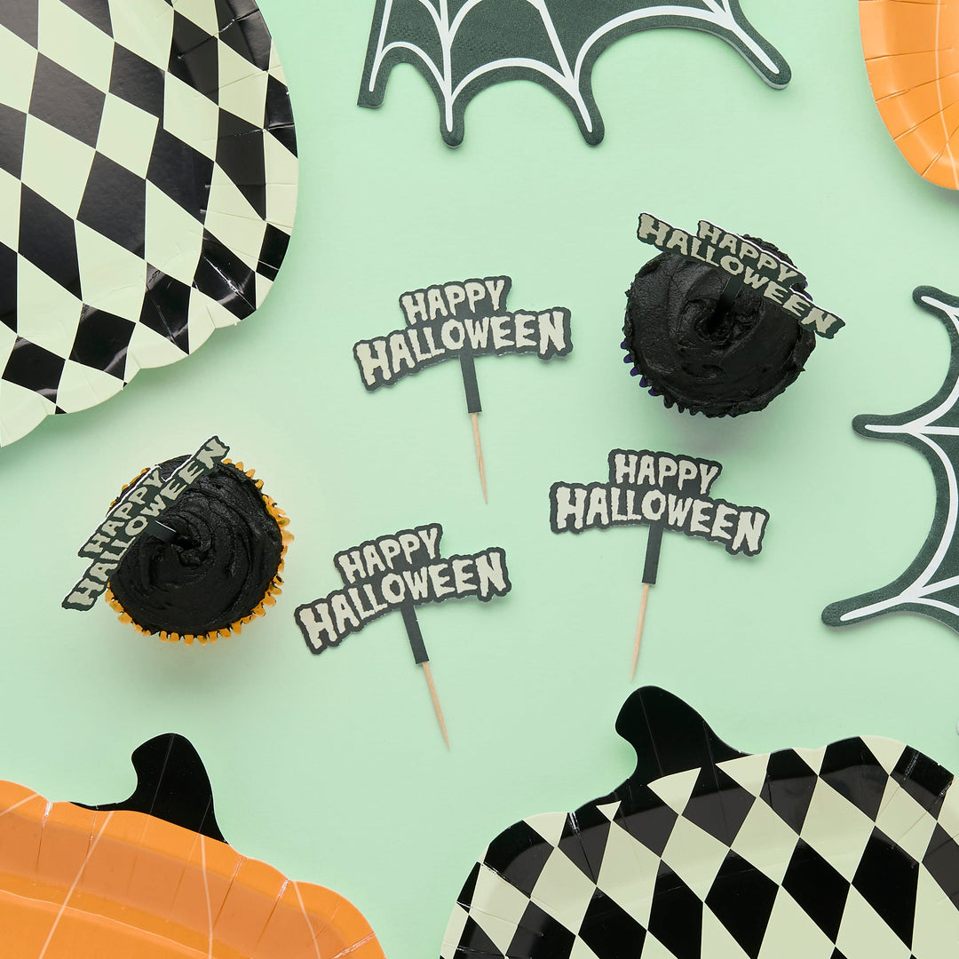 Happy Halloween Glow In the Dark Food Picks x 12 Cupcake Toppers Happy Halloween Glow In the Dark Food Picks x 12