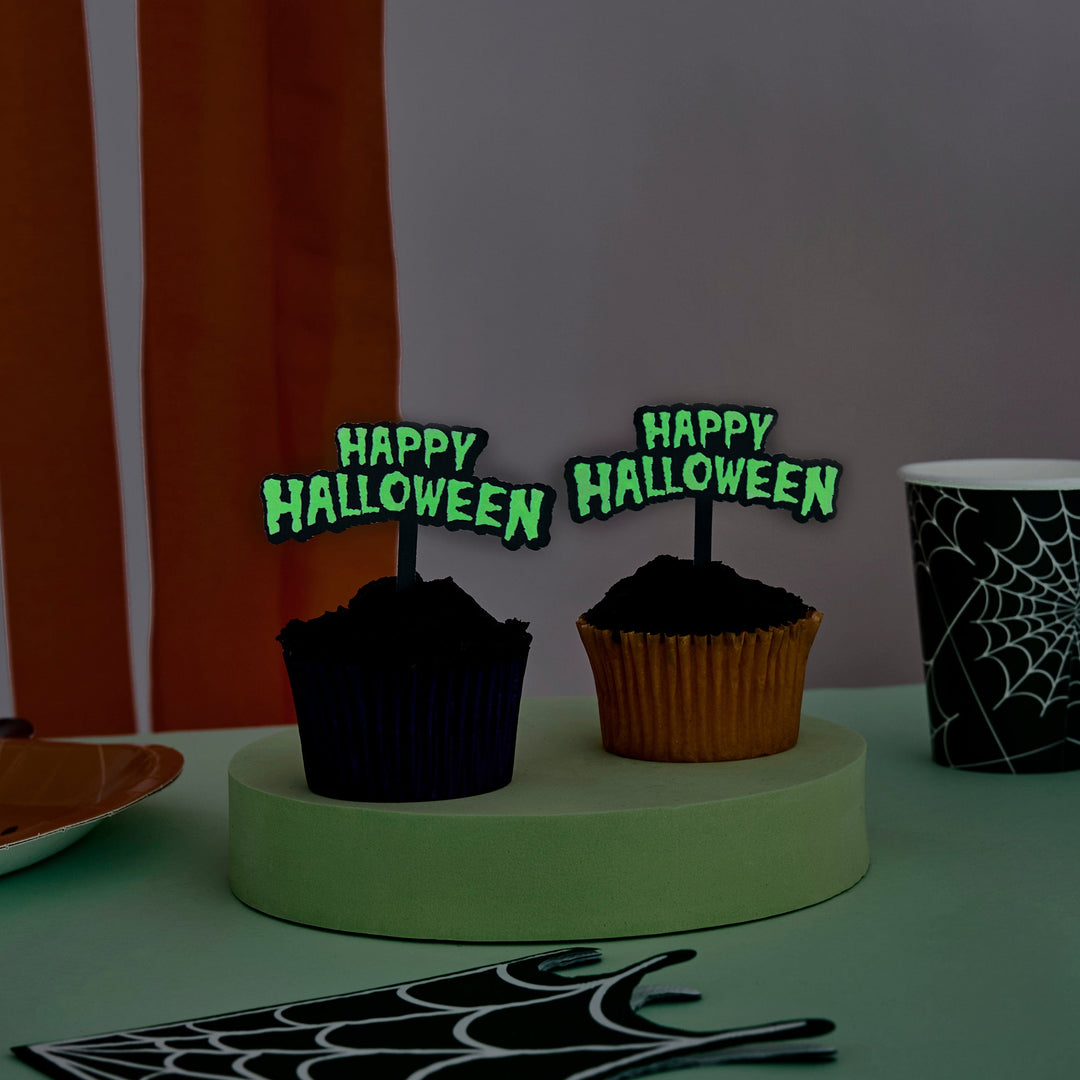 Happy Halloween Glow In the Dark Food Picks x 12 Cupcake Toppers Happy Halloween Glow In the Dark Food Picks x 12