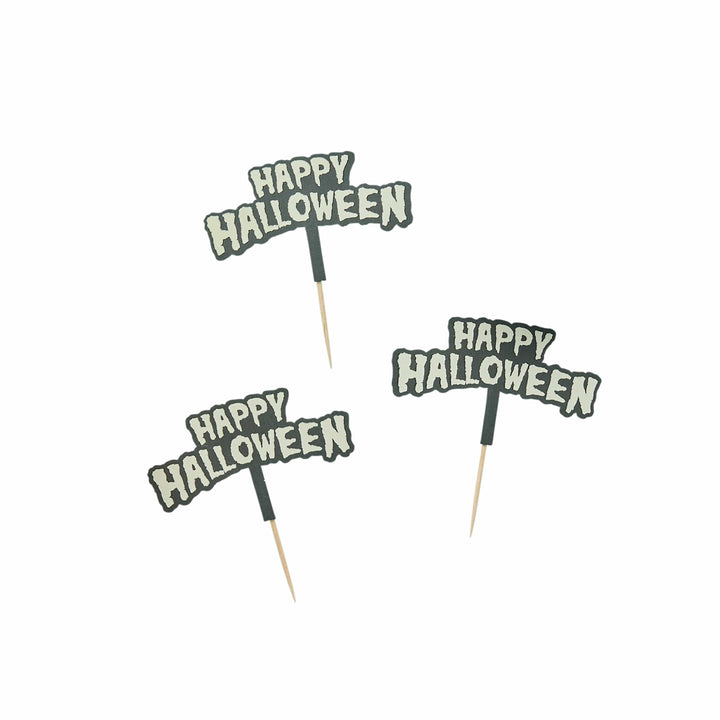 Happy Halloween Glow In the Dark Food Picks x 12 Cupcake Toppers Happy Halloween Glow In the Dark Food Picks x 12