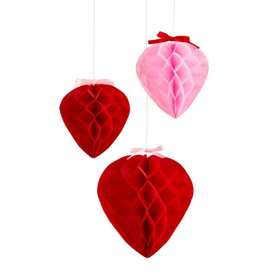 Heart Honeycomb Hanging Decorations x 3 - Valentine's Decor Paper Decoration Heart with Satin Bow Honeycomb Hanging Decorations x 3