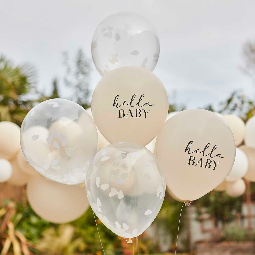 Balloons Hello Baby Taupe and Cloud Confetti Baby Shower Balloons x 5