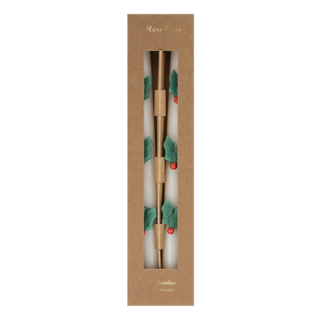 Holly Christmas Table Candles x 2 | Meri Meri Christmas Candles Candle Holly Christmas Table Candles x 2