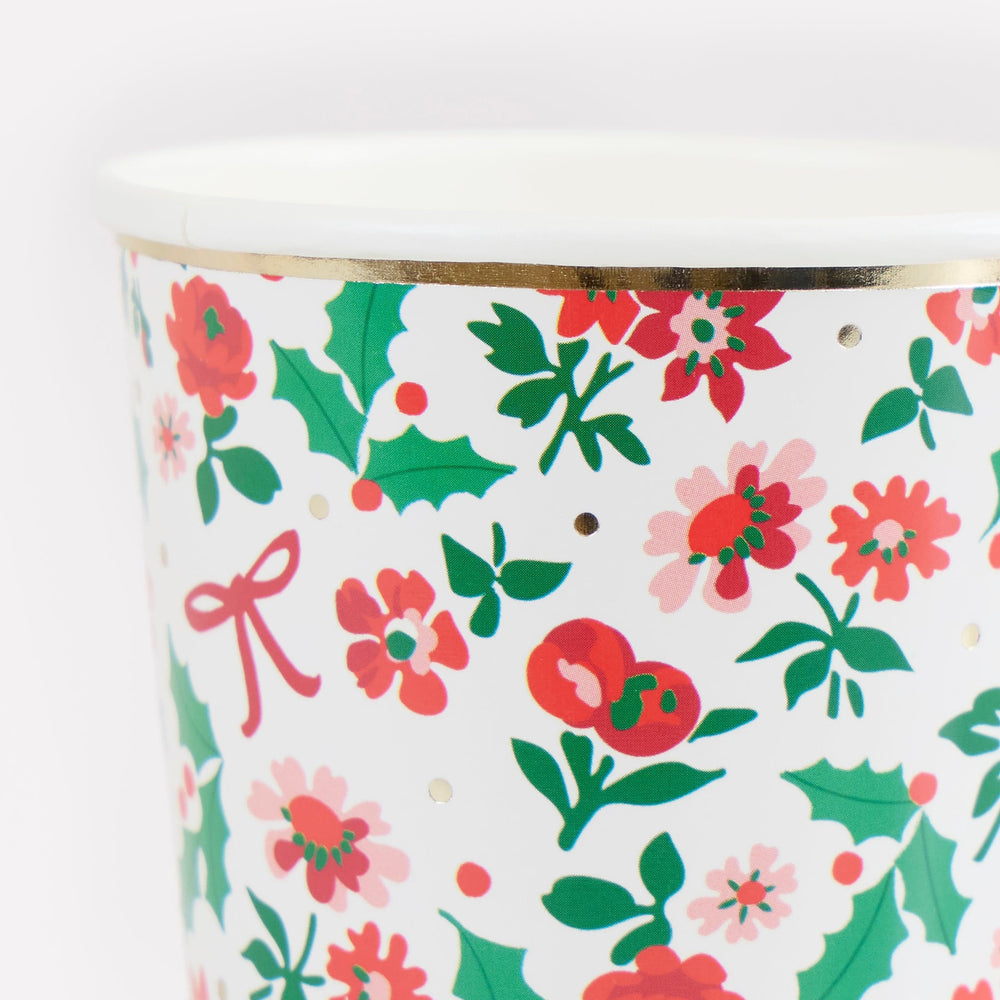 Holly Ditsy Christmas Party Cups x 8 | Meri Meri Christmas Table party cups Holly Ditsy Christmas Party Cups x 8