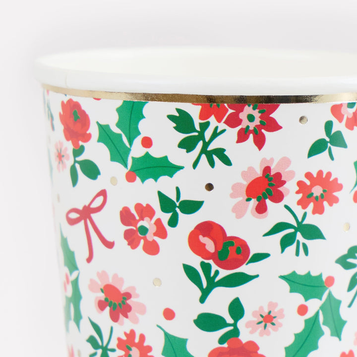Holly Ditsy Christmas Party Cups x 8 | Meri Meri Christmas Table party cups Holly Ditsy Christmas Party Cups x 8