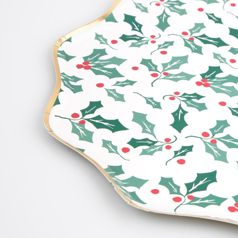 Holly Pattern Side Christmas Party Plates x 8 | Meri Meri party plates Holly Pattern Side Christmas Party Plates x 8