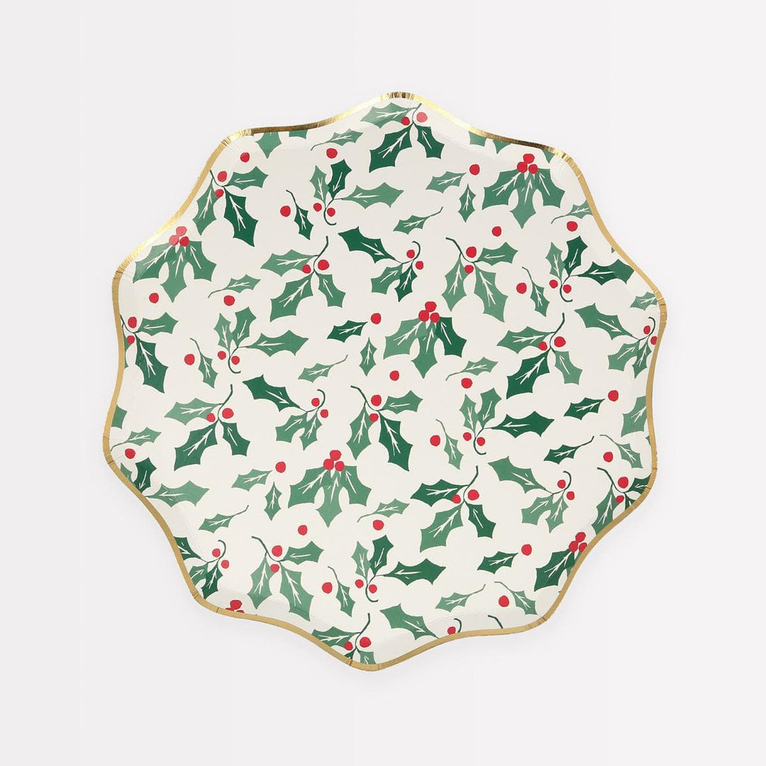 Holly Pattern Side Christmas Party Plates x 8 | Meri Meri party plates Holly Pattern Side Christmas Party Plates x 8