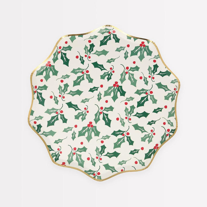 Holly Pattern Side Christmas Party Plates x 8 | Meri Meri party plates Holly Pattern Side Christmas Party Plates x 8